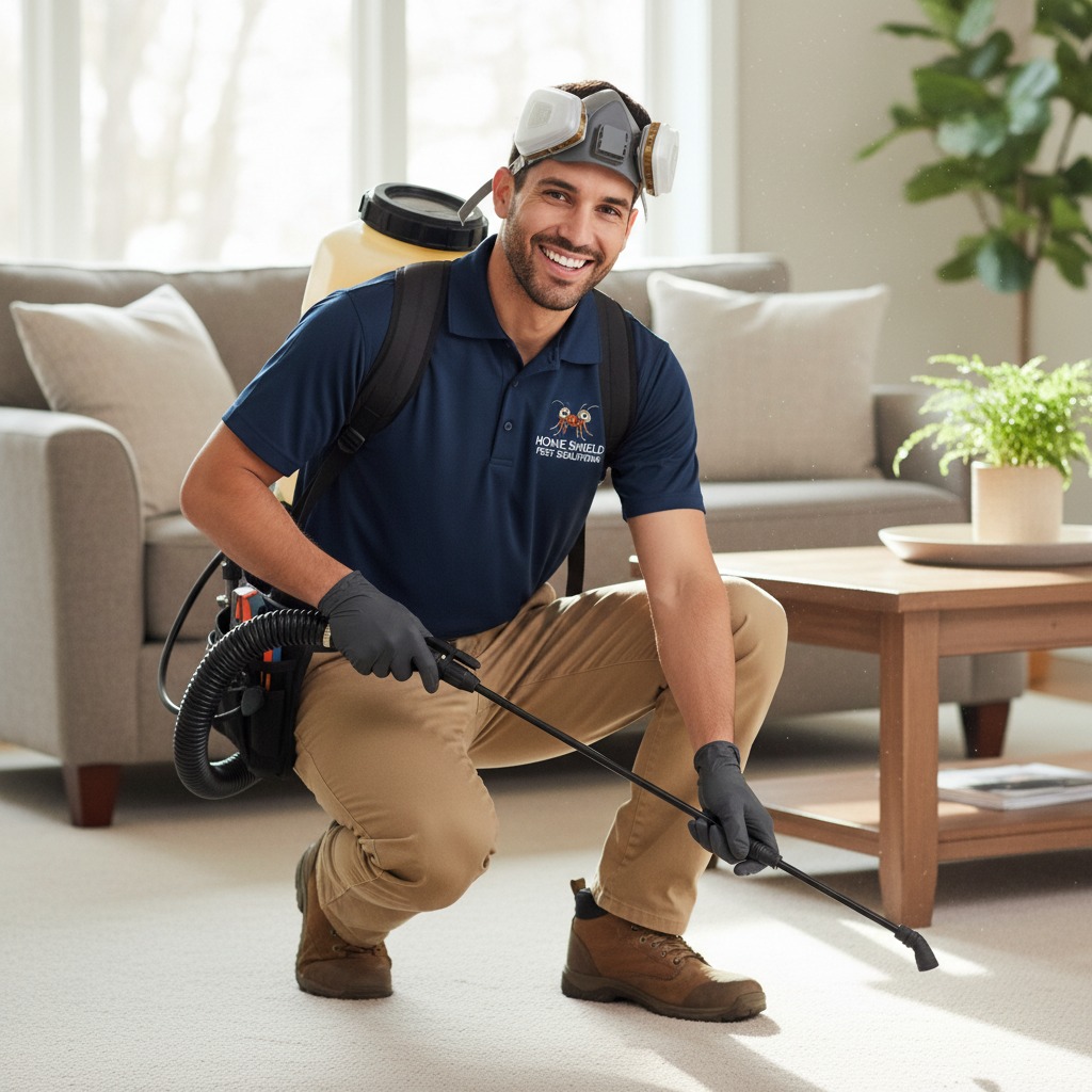 home pest control contractor happy doing his job inside someones home